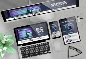 A PC, laptop, tablet and a smartphone, both displaying apps or websites. Akreative Digital Marketing web design in Eugene, OR.